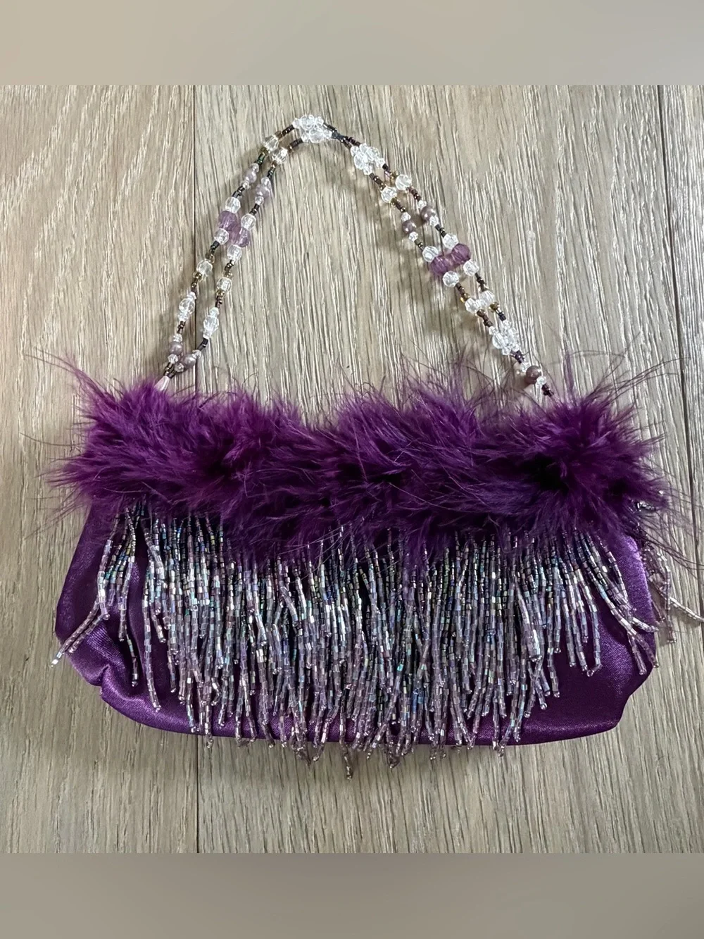 Purple Mini Evening Bag with feathers and Bead Fringe
